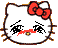 Pixelated white cat face with red bow, black eyes, and red blush; brown outline on gray background.