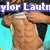 A pixelated image of a person lifting their shirt to reveal a muscular torso, with blue text overlays reading "ylor Lautn," "Is," and "Hot <3!" on different sections.
