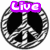 Two black-and-white peace sign icons with purple text overlays and four cyan peace sign icons on a white background.
