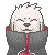 Pixel art contact sheet of a white dog-like character in a dark gray jacket with red zipper and inner lining, showing six sequential expressions across two rows.