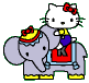 Hello Kitty with red bow rides a gray elephant wearing yellow shoes and a red-and-yellow saddle, all in pixel art style.
