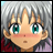 Pixelated anime-style character with silver hair and teal eyes, wearing a purple garment with red accents, next to black background with white text.