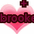 Pixelated pink heart with dark purple text 'brooke' and a dark purple plus sign above it on a white background.