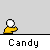 Pixel art character with white head and yellow body in multiple poses, including hand gestures and speech bubbles containing text.