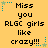 Yellow background with pixelated text reading "Miss you RLGC girls like crazy!!!" and blue star corner decorations.