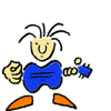 A cartoon character with spiky black hair plays a blue guitar against a gray background, showing sequential animation frames of hand and body movement.