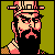Pixel art icon of a character with long black hair, pink facial features, and a hat holding a cigarette against a green background.