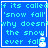 Blue background with cyan text reading 'if its called 'snow fall' why doesn't the snow ever fall', four identical each containing a small white pixelated snowman icon
