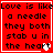 Red background with black text reading "Love is like a needle they both stab u in the heart" and four white pixelated hearts, one per quadrant.