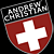 Pixelated shield-shaped icon with red field and white cross, topped by black banner with white text reading 'ANDREW CHRISTIAN' in blocky font.