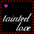 A 48x48 pixel animated buddy icon featuring a black background with red dashed borders, pink heart symbol in top-left corner, and stylized white text reading "lainted love" across three sampled frames showing slight animation differences.