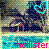 Pixelated image with dark blue figure holding cyan heart, teal background, and pink 'hollister' text at bottom.