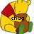 Yellow bear with red shirt and brown pants holds green cactus, text 'chug' appears on chest in first then changes to 'chug!' in third frame