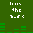 Green background with white text 'blast the music' repeated four times and green audio equalizer bars in pixelated style.
