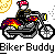 Pixel art contact sheet showing two identical static frames of a biker buddy icon with text promoting badassbuddy.com