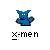 Blue pixelated character with white eyes and black accents, waving against gray background, with 'x-men' text below.
