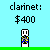 Pixel art icon with light blue background showing a character in a blue-yellow checkered shirt holding a clarinet, priced at $400, with additional items listed below.