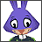 Pixelated purple rabbit with large eyes, pink nose, and green-accented dark clothing against white background.