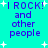 Pixelated cyan background with blue text reading "I ROCK! and other people" repeated in four quadrants, white plus-shaped stars scattered throughout.