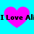 Four identical pink hearts on cyan background with black text "I Love Ali" overlaid, each heart slightly pixelated.