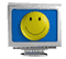 A 4x3 contact sheet of a computer monitor animation showing various angles and screen states with a yellow smiley face on blue background.