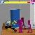 Pixelated scene with blue structure, purple figures, and brown ground under yellow horizontal bar.