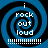 Four identical blue and black spiral patterns with white text "i rock out loud" and dotted lines below, arranged in a