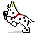 Six pixelated dog poses on gray background, white with black spots, red collar, yellow ear tips, purple nose, blue accents on paws.