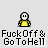 Pixelated character with yellow shirt and white face transitions through fire animation while text below reads 'Fuck Off & Go To Hell' in blocky font.
