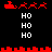 Red pixelated Santa sleigh with reindeer above white 'HO' text on black background, with red horizontal line patterns at top and bottom.
