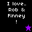 Pixelated text reads "I love.. Rob & Finney !" on black and purple backgrounds with a star symbol changing color.