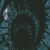 Dark pixelated image with blue-green gradient background and central dark void, featuring a bright white crescent shape on left side.