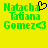 Green pixelated text on yellow background with black heart symbol replacing 'a' in Natacha and left arrow in Gomez, two identical frames side-by-side.