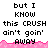 Pixelated text repeats 'but I KNOW this CRUSH ain't goin' AWAY' over a pink wave-like background with gray and white sections.