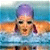 Static pixelated image of a swimmer in water with purple hair and orange skin tones against blue background.