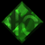Green diamond-shaped gem with reflective surface showing distorted text, rotating through multiple angles against black background.