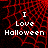 Red spiderweb pattern background with white text reading "I Love Halloween" in pixelated font across two