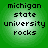 Green circular background with pixelated text reading "michigan state university rocks" in four lines, displayed as a static image.