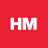 Red square background with white pixelated 'HM' text centered, exhibiting slight horizontal blur on the letters.