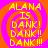 Four identical display yellow text on a pink and orange spiral background with 'ALANA IS DANK!' repeated four times per