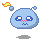 Four pixelated blue blob characters with white eyes and pink cheeks, each with a small orange flame above a blue bubble, arranged in a on gray background