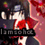 Anime-style character with dark hair and red eyes in three distinct poses, each paired with text overlays.