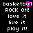 Pixelated text displays 'basketball', 'ROCK ON!', 'love it', 'live it', and 'play it!' on a black background with one frame showing pink pixel changes.