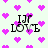 Pixelated icon with repeated 'I'M LOVE' text over pink heart pattern on light background.