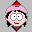 Pixelated cartoon character with pink headband and red collar, displaying multiple facial expressions across a