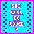 Pixelated blue background with dark blue Y-shaped symbols along edges, displaying 'SHE WILL BE LOVED' text in white block letters.