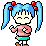 Pixel art character with blue pigtails and red hair ties, wearing pink sweater and green skirt in four distinct poses.