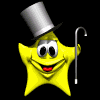 Yellow star-shaped character with silver top hat and cane, smiling face on black background.