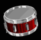 Red and silver snare drum with metallic hardware, shown from multiple angles against black background, some views display white drumhead, others gray.