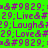 A static image displays four colored quadrants with repeated text and symbols in purple pixelated font on green, brown, pink, and tan backgrounds.